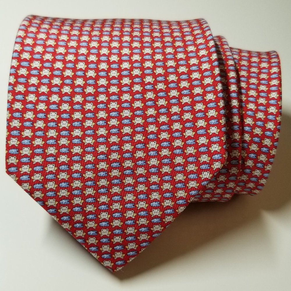 Salvatore Ferragamo Men's Red Silk Tie w/ Tiny Frog Pattern, New with Tags